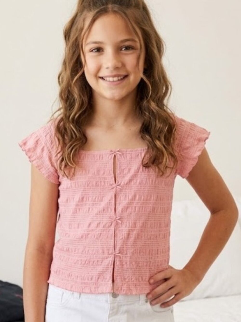 Art Class Girls Pink Crinkle Blouse Square Neck Bow Detail Size XL(14) NWT